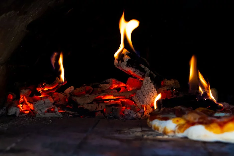 wood fired pizza oven flames